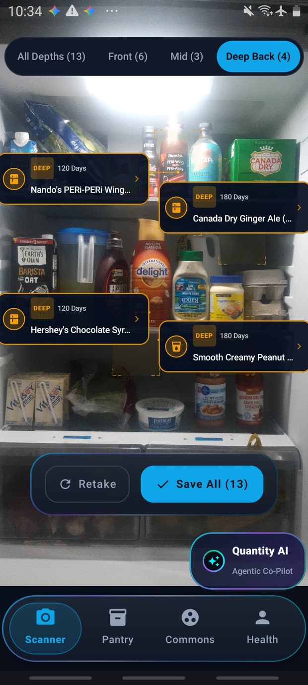 Quantity — the AR scanner reading a fridge, items detected with shelf-life estimates