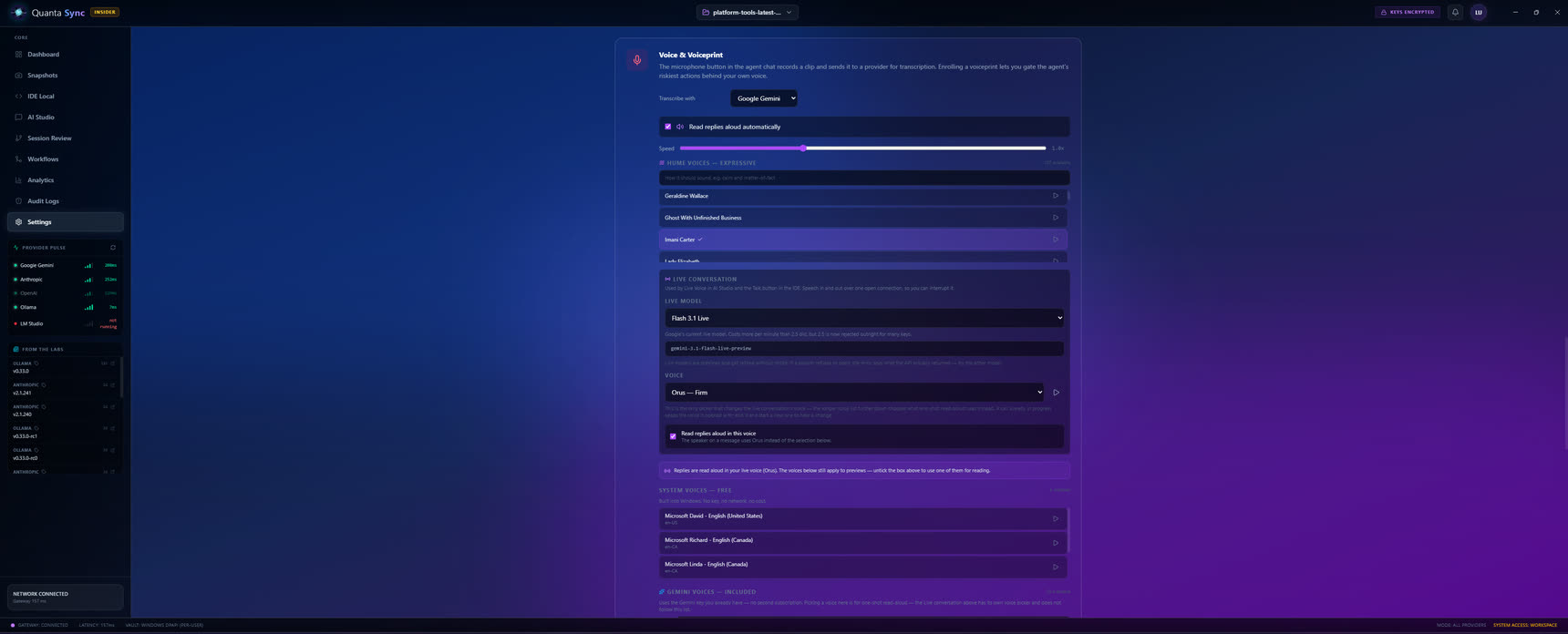 QuantaSync Voice & Voiceprint settings — transcription provider, read-aloud, Hume and system voices, the live model and voiceprint enrolment