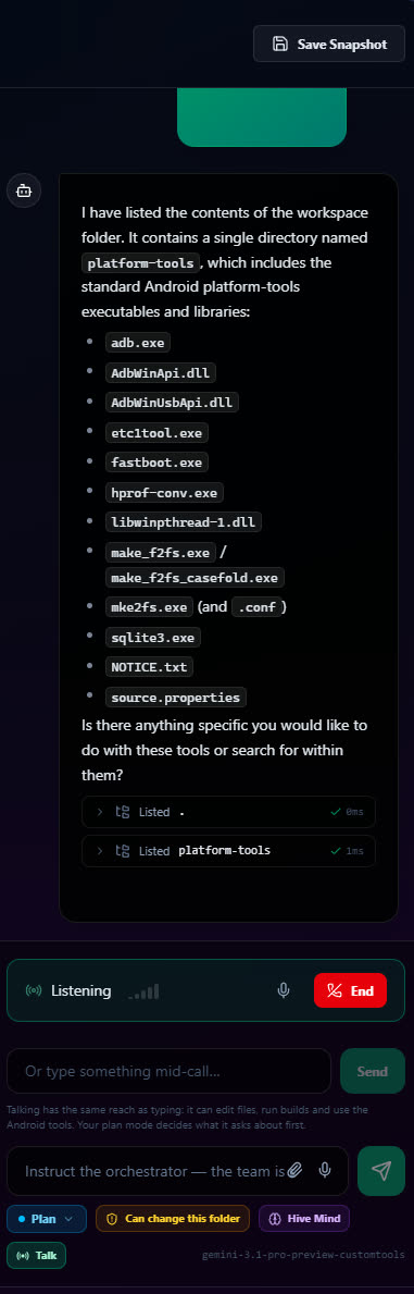 QuantaSync live voice coding — the agent listening, with Plan mode, folder permission and a Hive Mind toggle