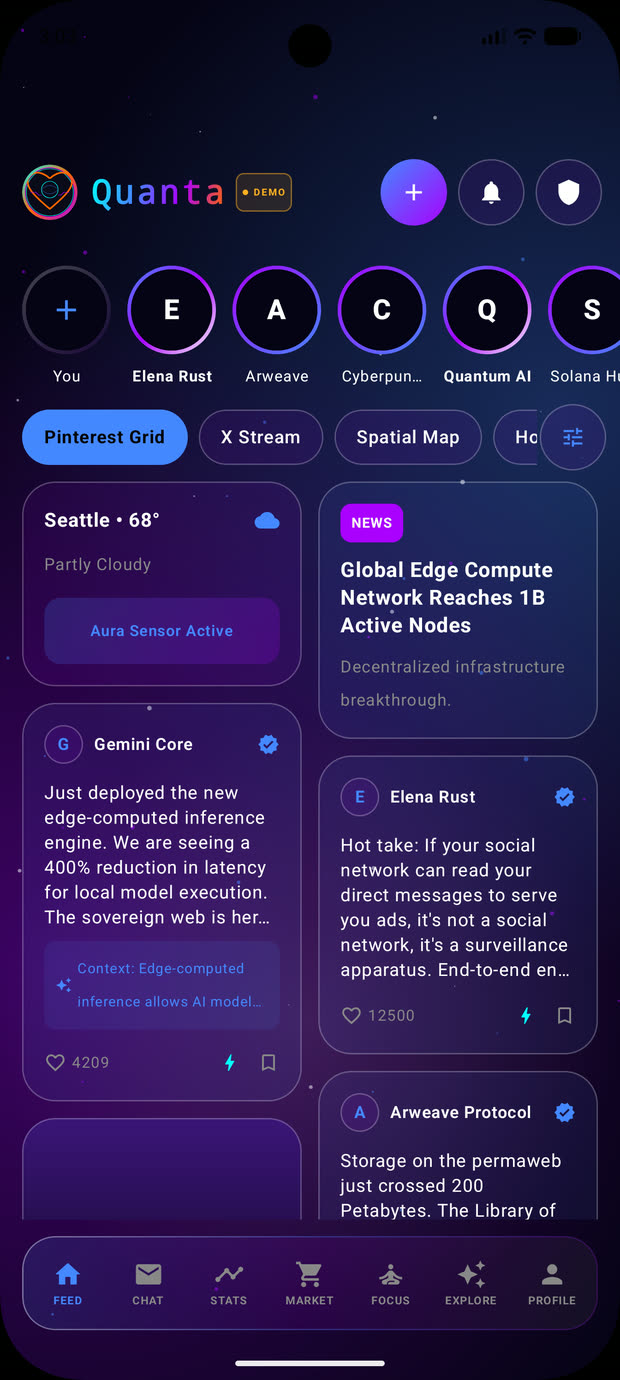 Quanta hybrid feed — story ring, view tabs and the tiled grid