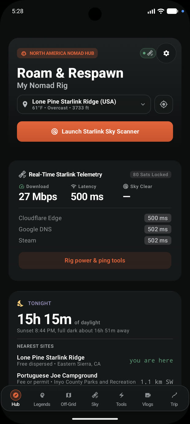 Roam & Respawn hub — live Starlink telemetry and the daylight remaining